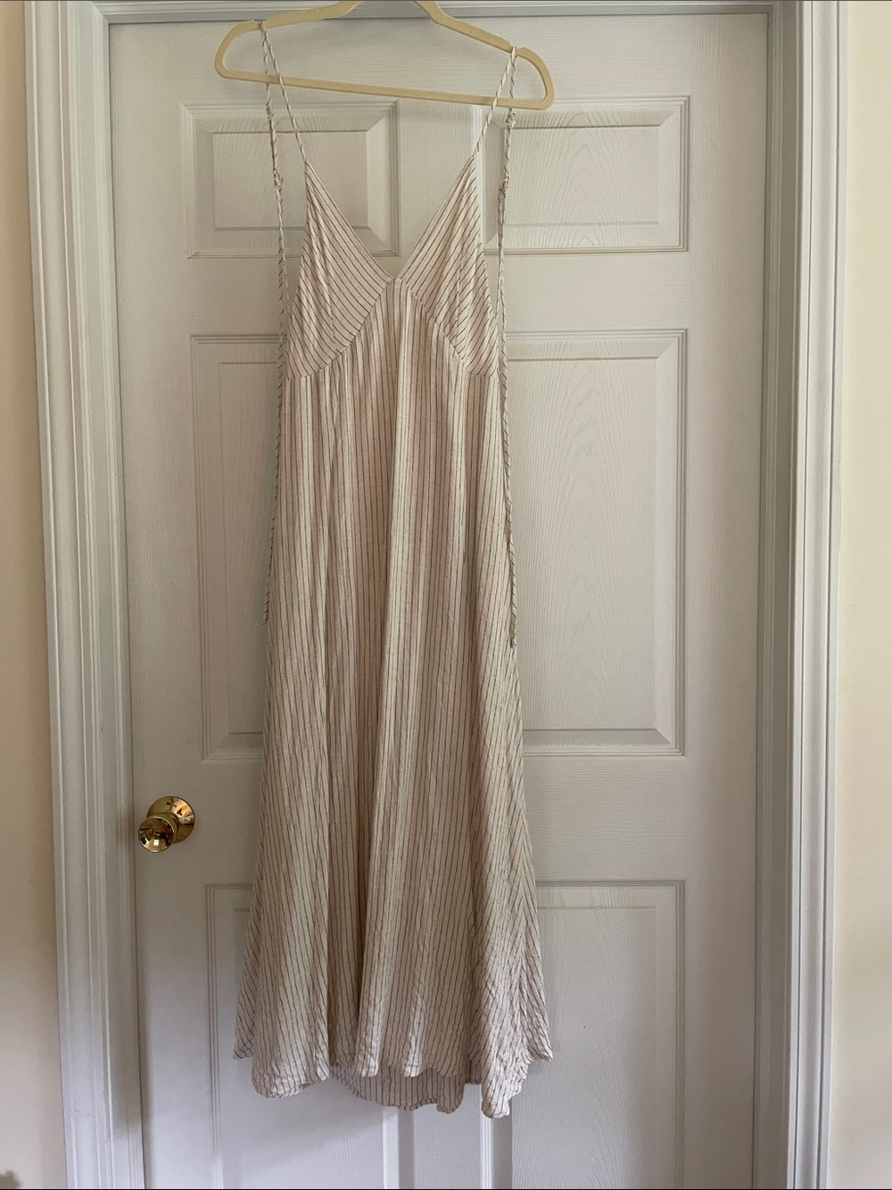 Cream Striped V-Neck Maxi Dress with Low Back and Pockets